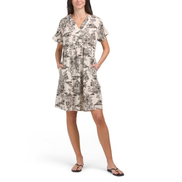 FRANCESCA BETTI  Italy Linen Blend Short Sleeve Toile Print Mini Dress - Picture 1 of 2